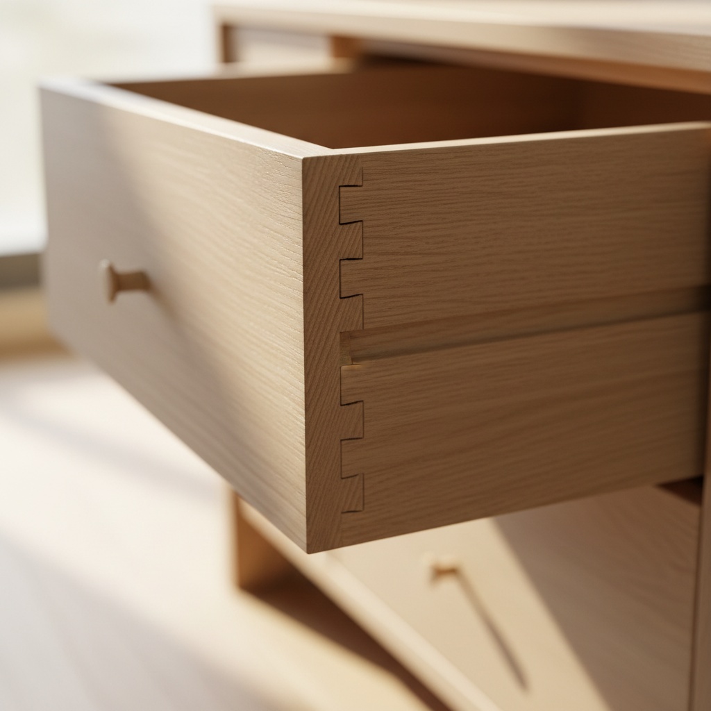 An open drawer showing hand-cut dovetails in pale oak