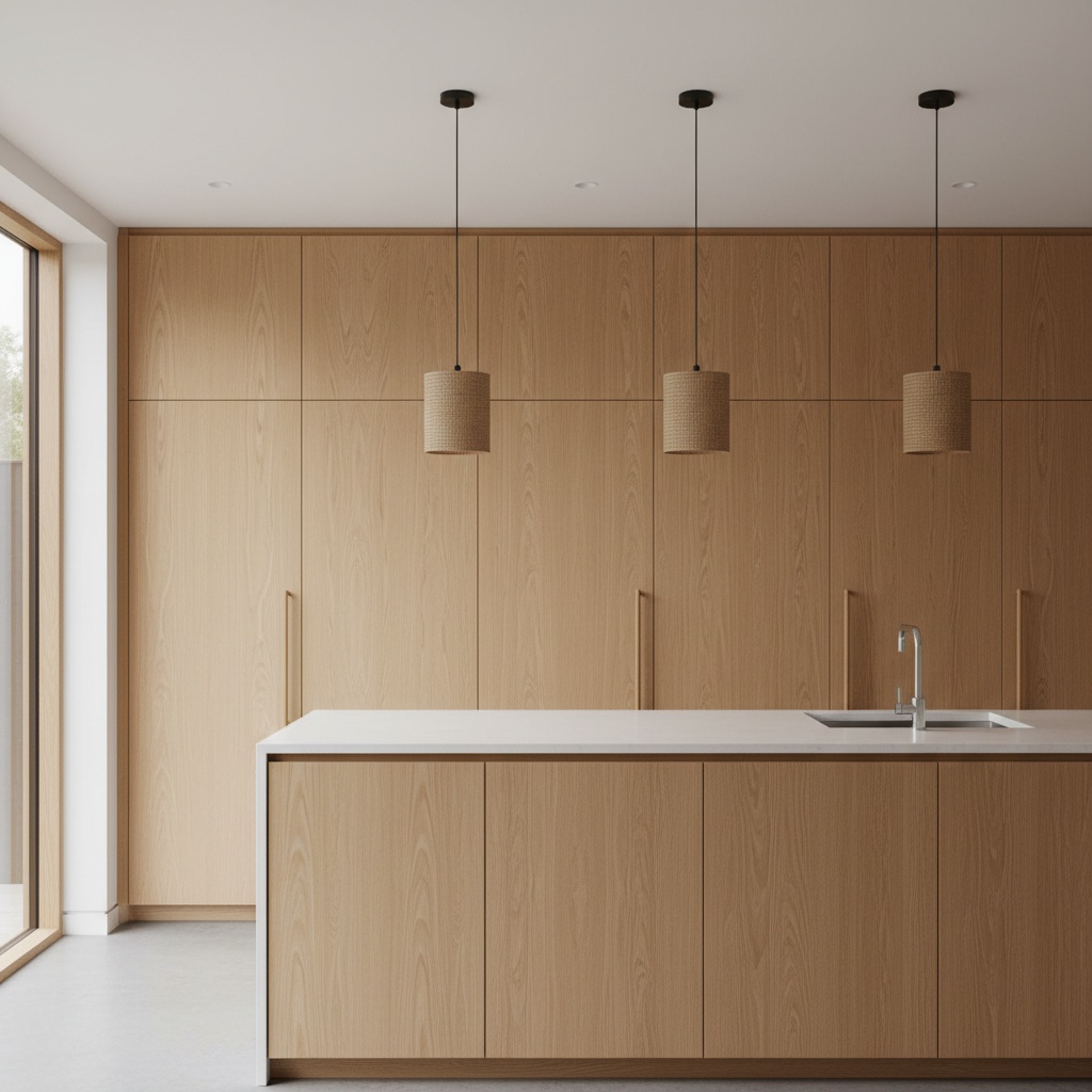 A fine american oak kitchen with flush handleless doors and grain matched across the run