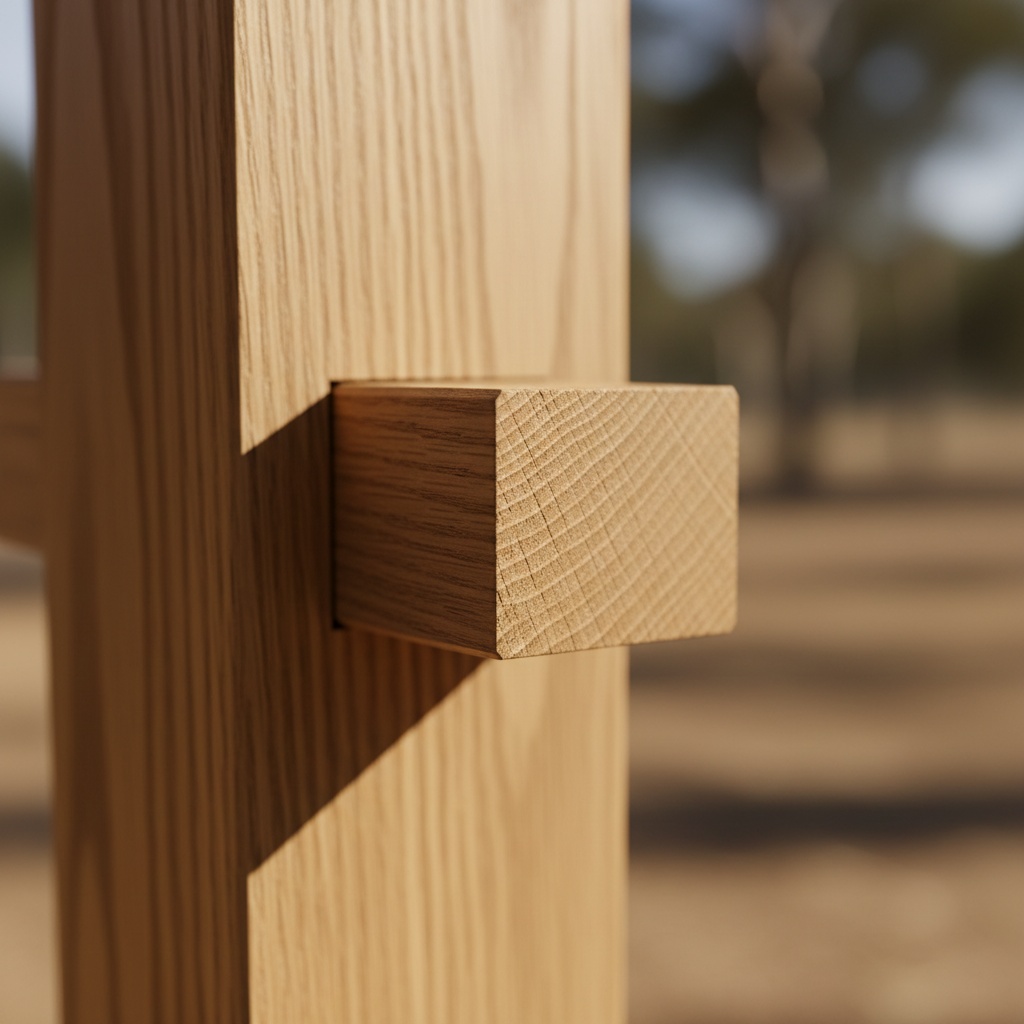 Extreme macro of a hand-cut through-tenon joint in oak with crisp shoulders