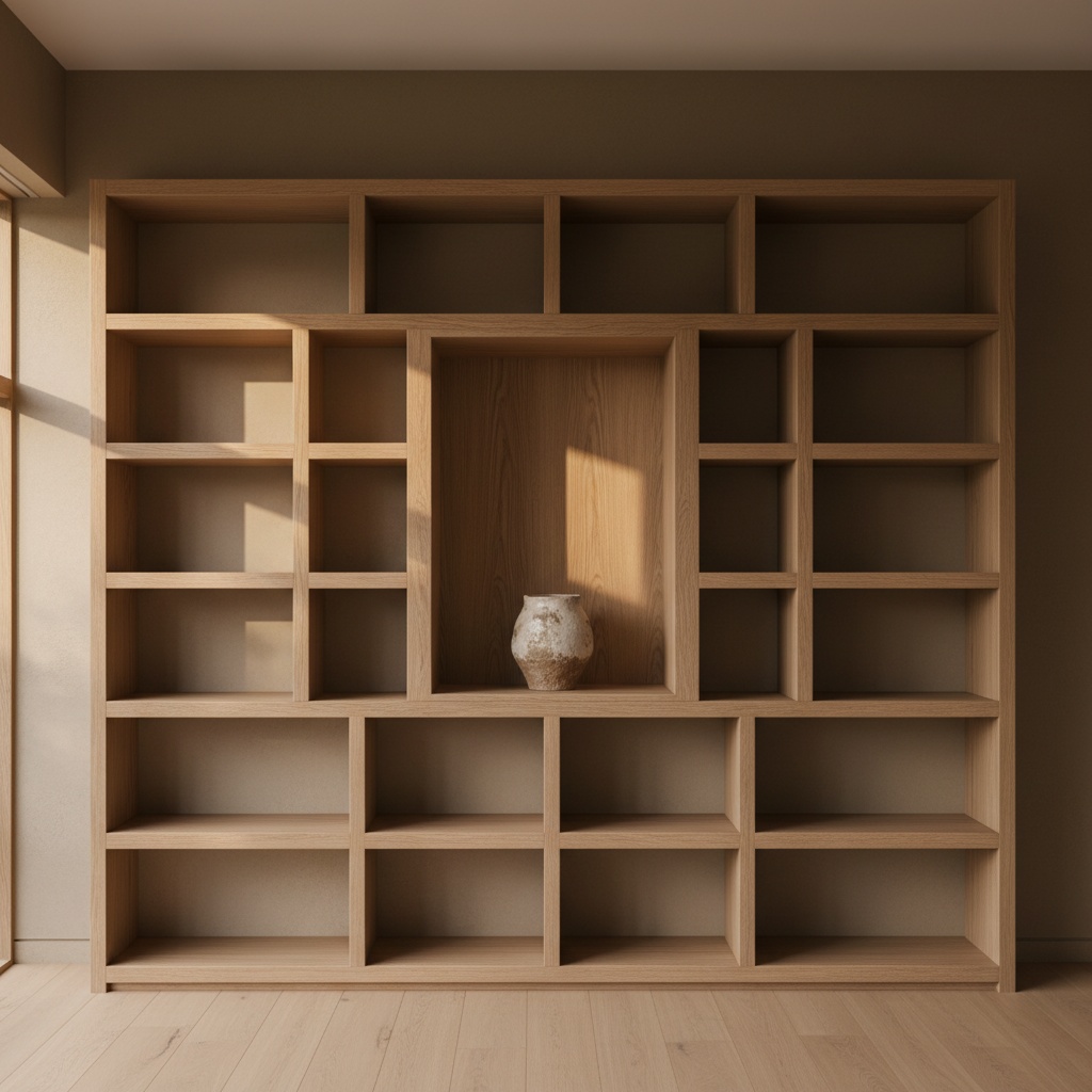 A built-in oak shelving wall of compartments in varying sizes in a quiet minimal room